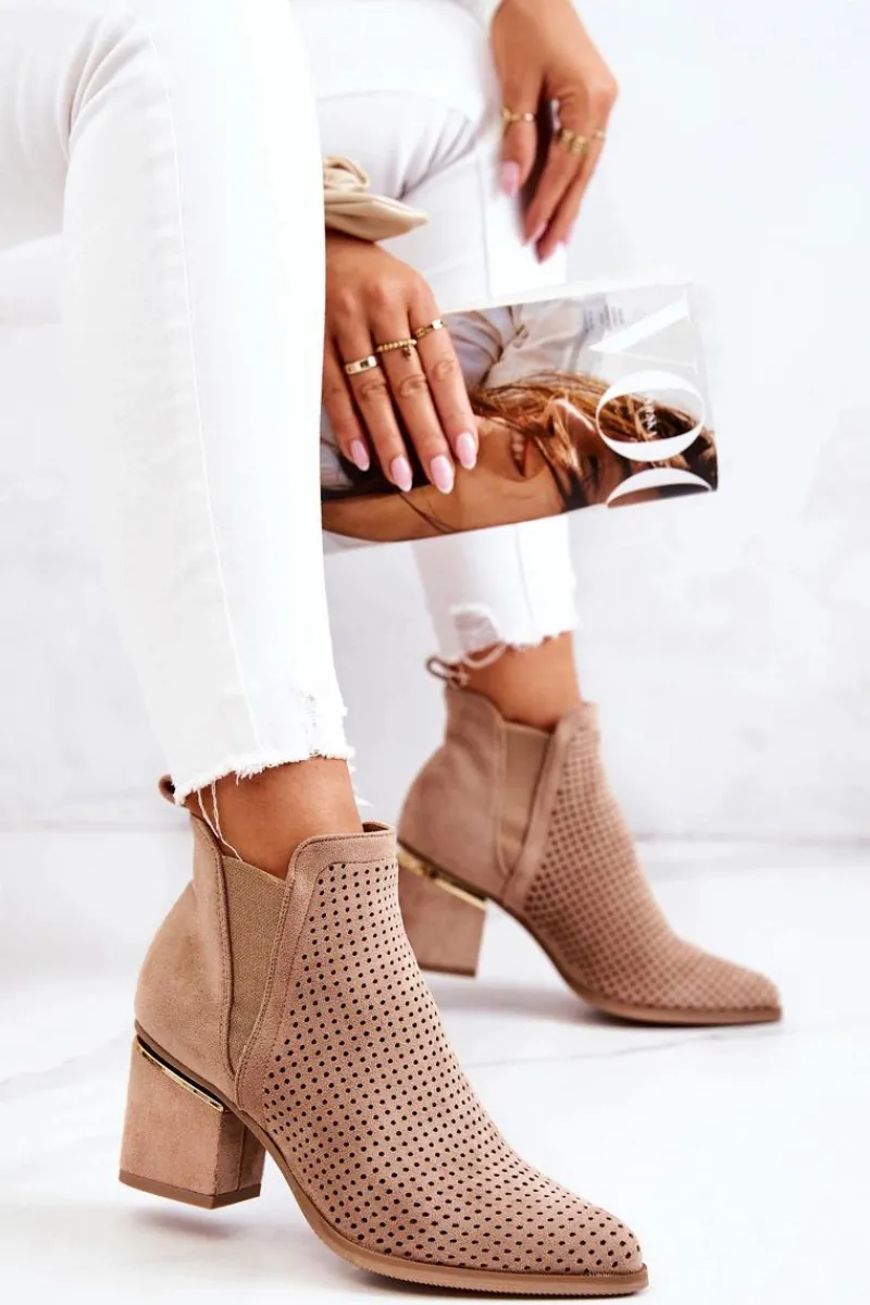 New Boto Zamszowe Botki Kowbojki Ażurowe Ciemnobeżowe Helloni