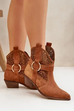 Botki Wiosenne|Botki Na Słupku>Zazoo Zamszowe Botki Kowbojki Ażurowe Na Obcasie 2994 Camel Brązowy