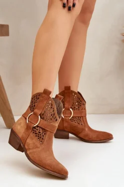 Botki Wiosenne|Botki Na Słupku>Zazoo Zamszowe Botki Kowbojki Ażurowe Na Obcasie 2994 Camel Brązowy
