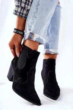 Zamszowe Botki Kowbojki Czarne Maurelle Damskie Czarne Botki|Botki Zimowe Damskie