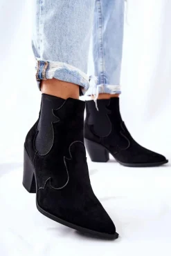 Zamszowe Botki Kowbojki Czarne Maurelle Damskie Czarne Botki|Botki Zimowe Damskie