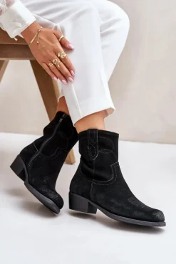 Online Zamszowe Botki Kowbojki Damskie Na Niskim Obcasie Ocieplane Sergio Leone BT284-S Czarne Damskie Botki Ocieplane|Czarne Botki