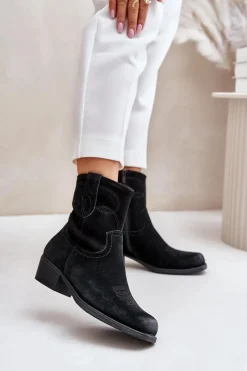 Online Zamszowe Botki Kowbojki Damskie Na Niskim Obcasie Ocieplane Sergio Leone BT284-S Czarne Damskie Botki Ocieplane|Czarne Botki