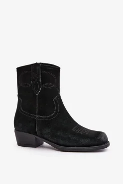 Online Zamszowe Botki Kowbojki Damskie Na Niskim Obcasie Ocieplane Sergio Leone BT284-S Czarne Damskie Botki Ocieplane|Czarne Botki