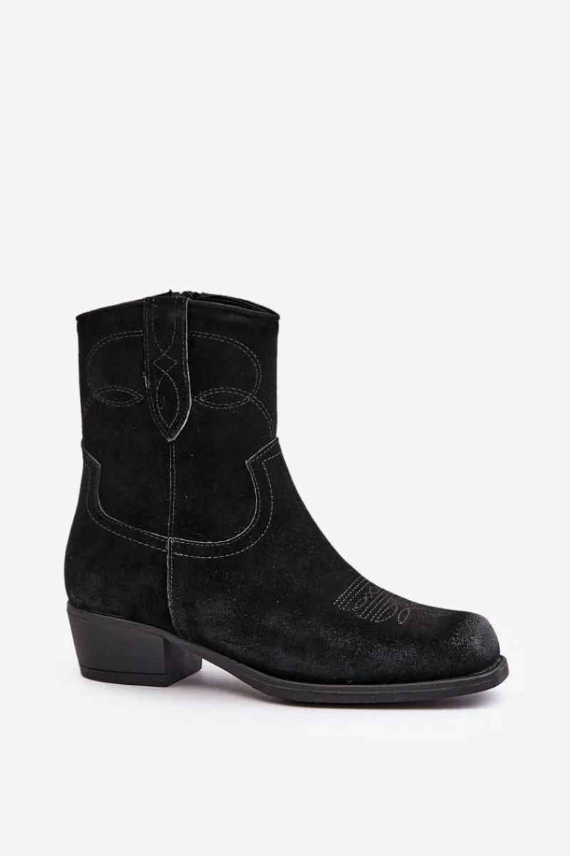 Online Zamszowe Botki Kowbojki Damskie Na Niskim Obcasie Ocieplane Sergio Leone BT284-S Czarne Damskie Botki Ocieplane|Czarne Botki