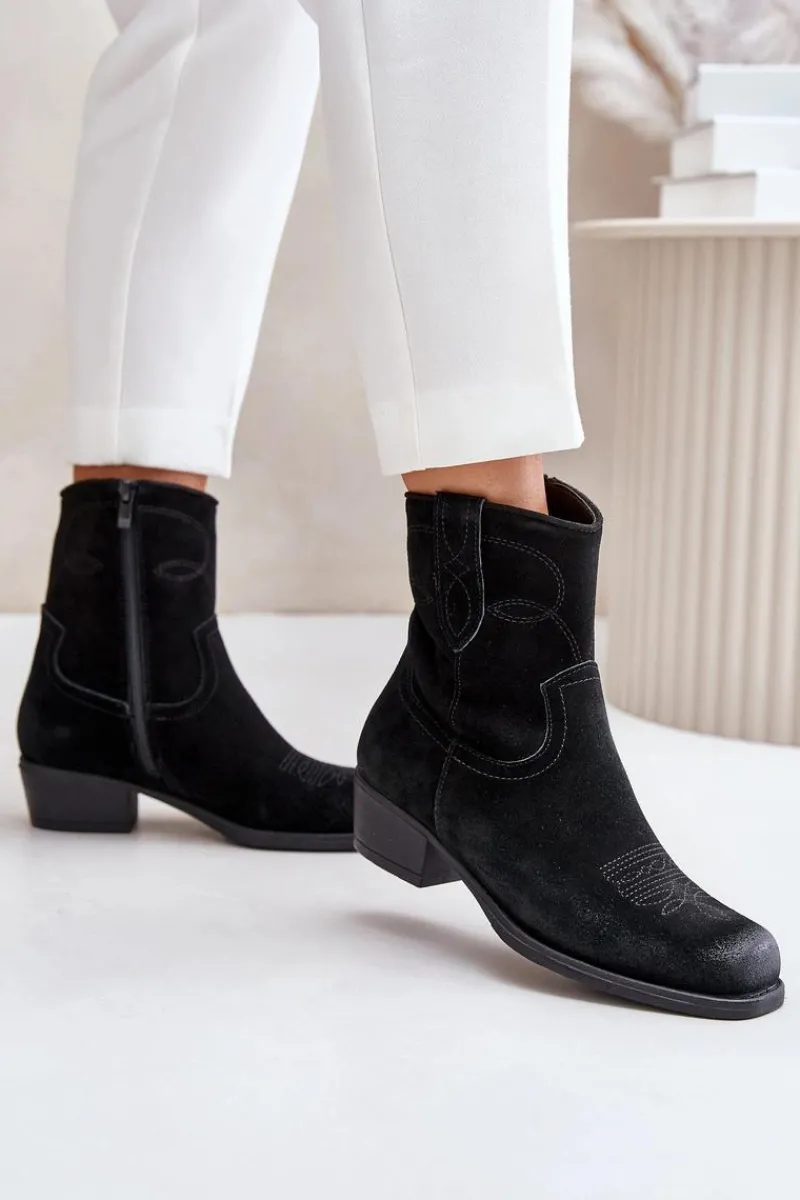 Online Zamszowe Botki Kowbojki Damskie Na Niskim Obcasie Ocieplane Sergio Leone BT284-S Czarne Damskie Botki Ocieplane|Czarne Botki