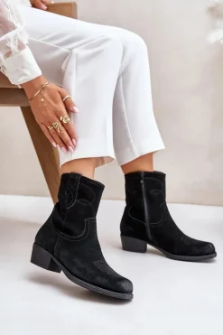 Online Zamszowe Botki Kowbojki Damskie Na Niskim Obcasie Ocieplane Sergio Leone BT284-S Czarne Damskie Botki Ocieplane|Czarne Botki