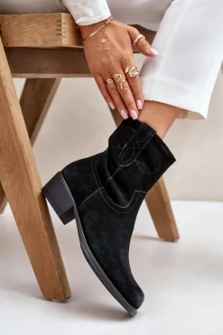 Online Zamszowe Botki Kowbojki Damskie Na Niskim Obcasie Ocieplane Sergio Leone BT284-S Czarne Damskie Botki Ocieplane|Czarne Botki