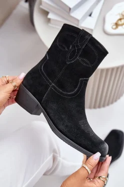 Online Zamszowe Botki Kowbojki Damskie Na Niskim Obcasie Ocieplane Sergio Leone BT284-S Czarne Damskie Botki Ocieplane|Czarne Botki