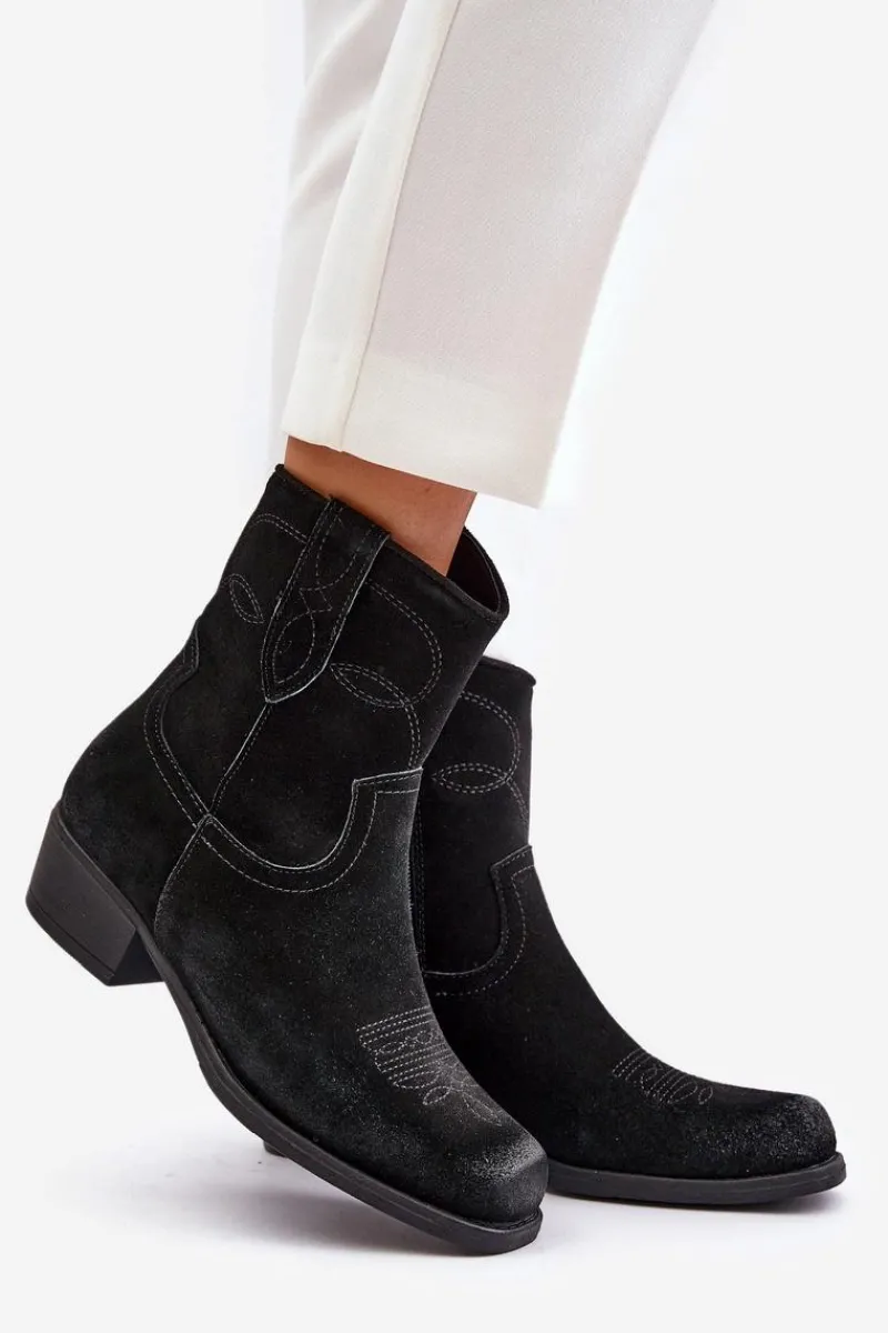 Online Zamszowe Botki Kowbojki Damskie Na Niskim Obcasie Ocieplane Sergio Leone BT284-S Czarne Damskie Botki Ocieplane|Czarne Botki