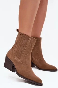 Sale Zamszowe Botki Kowbojki Damskie Na Słupku Ocieplane Camel Dylira Damskie Botki Ocieplane|Botki Na Słupku