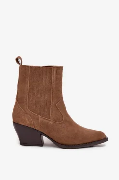 Sale Zamszowe Botki Kowbojki Damskie Na Słupku Ocieplane Camel Dylira Damskie Botki Ocieplane|Botki Na Słupku