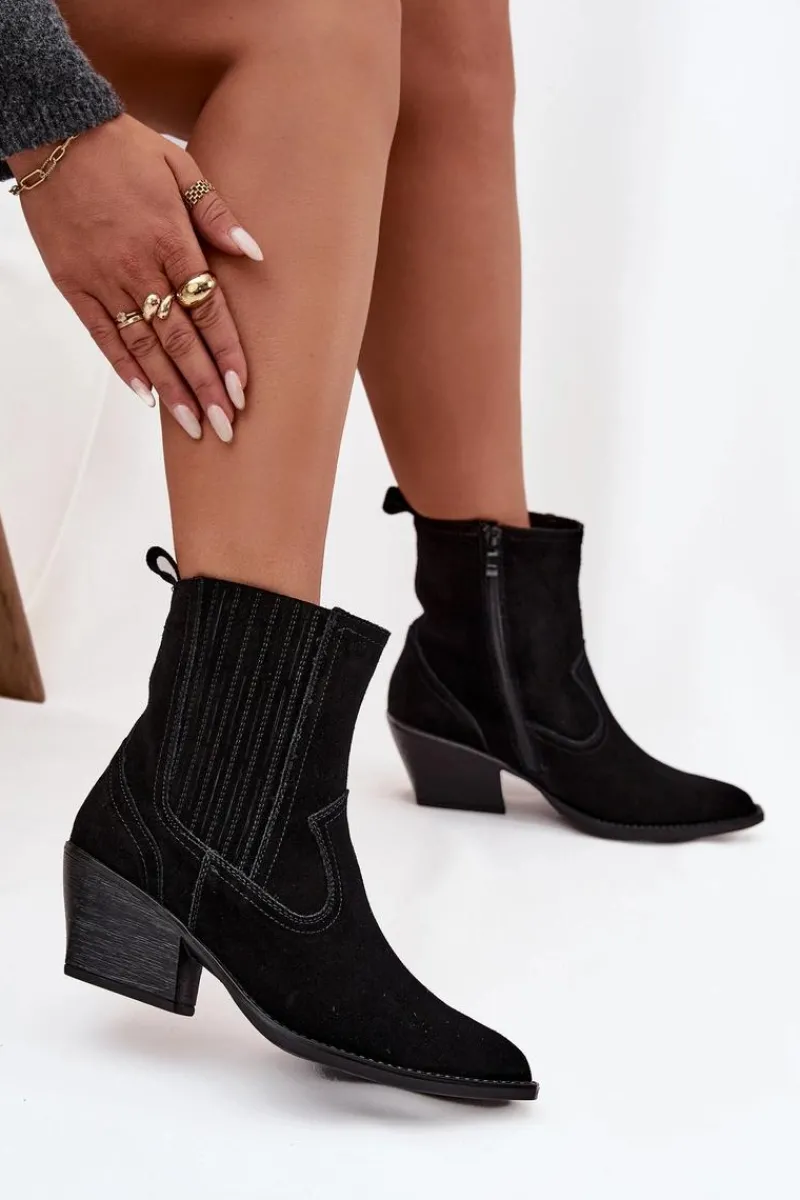 Botki Ocieplane|Botki Na Słupku>Boto Zamszowe Botki Kowbojki Damskie Na Słupku Ocieplane Czarne Dylira Czarny