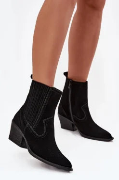 Botki Ocieplane|Botki Na Słupku>Boto Zamszowe Botki Kowbojki Damskie Na Słupku Ocieplane Czarne Dylira Czarny