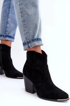 New Zamszowe Botki Kowbojki Na Obcasie Czarne Lotoune Damskie Botki Na Słupku|Czarne Botki