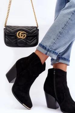 New Zamszowe Botki Kowbojki Na Obcasie Czarne Lotoune Damskie Botki Na Słupku|Czarne Botki