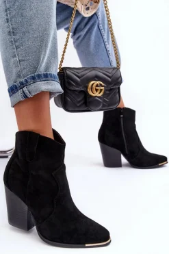 New Zamszowe Botki Kowbojki Na Obcasie Czarne Lotoune Damskie Botki Na Słupku|Czarne Botki