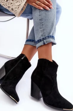 New Zamszowe Botki Kowbojki Na Obcasie Czarne Lotoune Damskie Botki Na Słupku|Czarne Botki