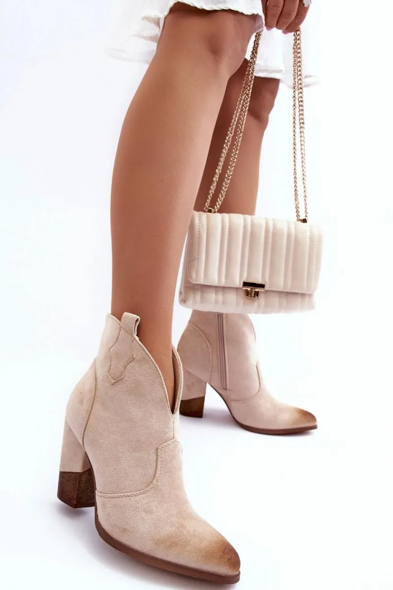 Botki Na Słupku|Brązowe I Beżowe Botki>Boto Zamszowe Botki Kowbojki Na Słupku Jasnobeżowe Tanner