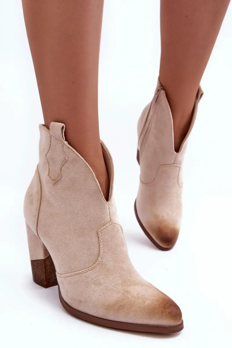 Botki Na Słupku|Brązowe I Beżowe Botki>Boto Zamszowe Botki Kowbojki Na Słupku Jasnobeżowe Tanner