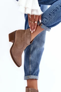 Botki Wiosenne|Botki Skórzane>Damskie buty S.Barski Zamszowe Botki Kowbojki Na Suwak D&A SN622-29 Ciemnobeżowe