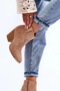 Botki Na Słupku|Brązowe I Beżowe Botki>Boto Zamszowe Botki Kowbojki Na Obcasie Beżowe Lotoune