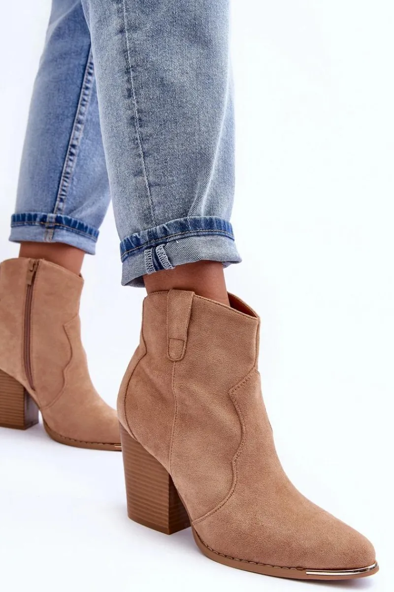 Botki Na Słupku|Brązowe I Beżowe Botki>Boto Zamszowe Botki Kowbojki Na Obcasie Beżowe Lotoune