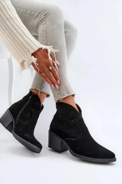 Discount Damskie buty S.Barski Zamszowe Botki Kowbojki Na Suwak D&A SN622-29 Czarne