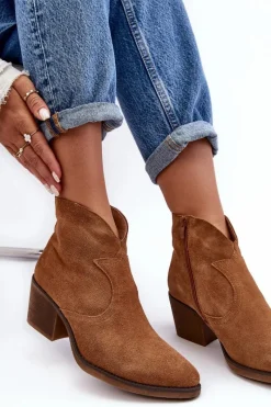 Discount Damskie buty S.Barski Zamszowe Botki Kowbojki Na Suwak D&A SN622-29 Camel