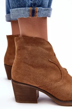 Discount Damskie buty S.Barski Zamszowe Botki Kowbojki Na Suwak D&A SN622-29 Camel