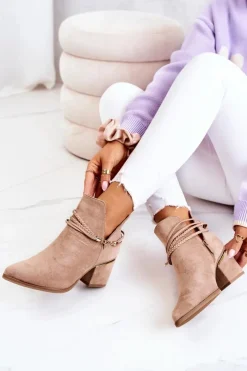 Hot Boto Zamszowe Botki Kowbojki Z Paskami Ciemnobeżowe Inessa