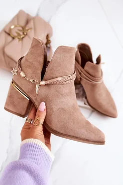 Hot Boto Zamszowe Botki Kowbojki Z Paskami Ciemnobeżowe Inessa