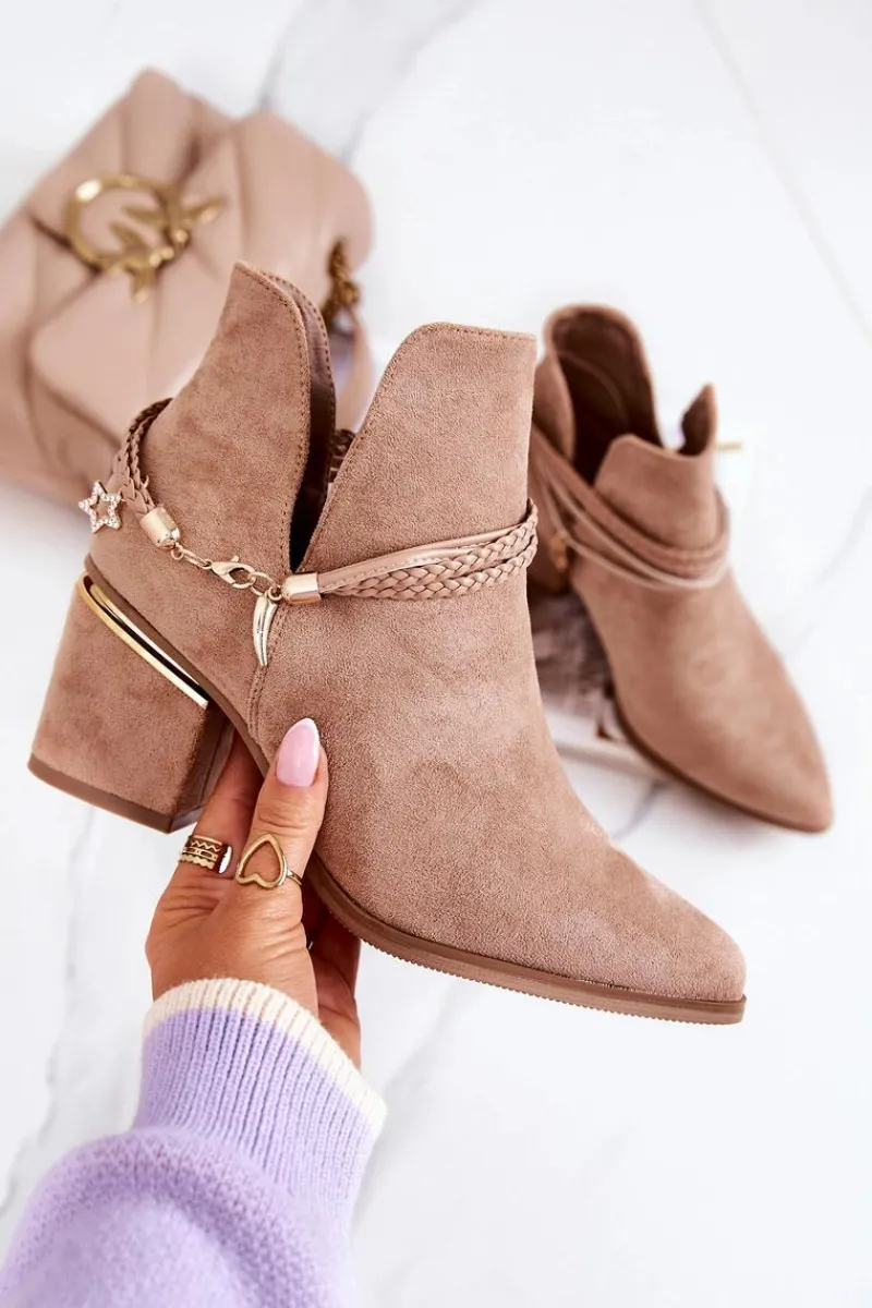 Hot Boto Zamszowe Botki Kowbojki Z Paskami Ciemnobeżowe Inessa