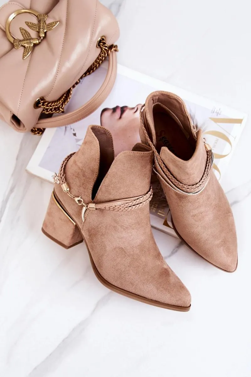 Hot Boto Zamszowe Botki Kowbojki Z Paskami Ciemnobeżowe Inessa