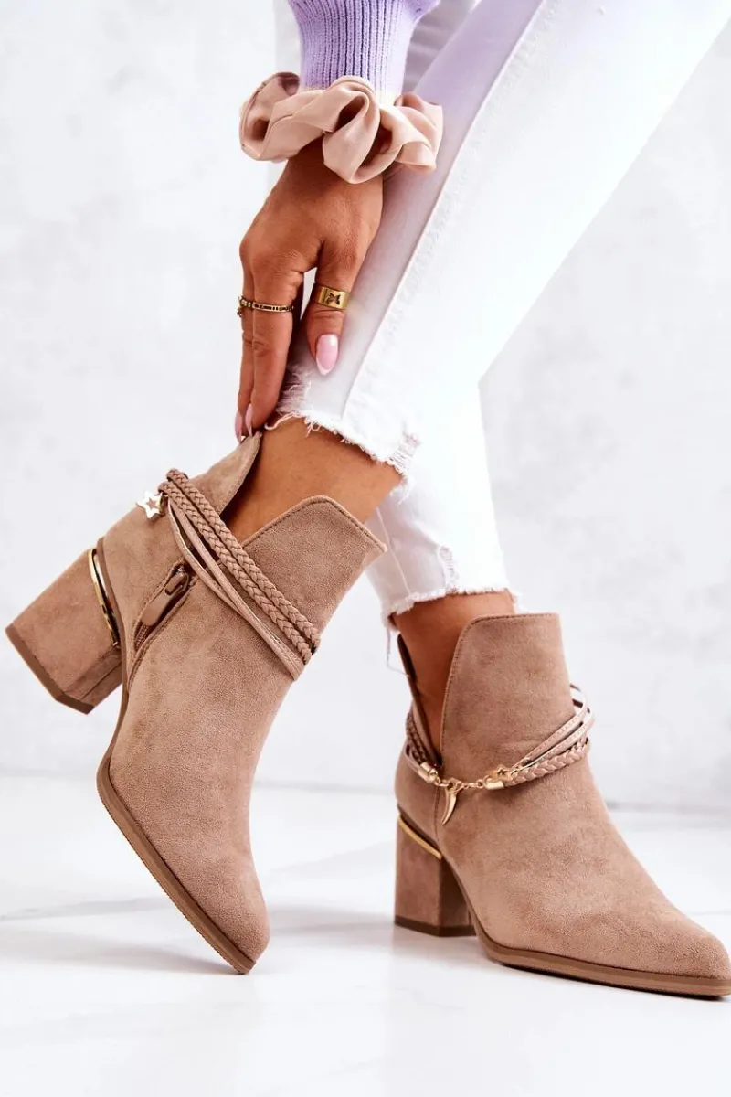 Hot Boto Zamszowe Botki Kowbojki Z Paskami Ciemnobeżowe Inessa