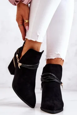 Zamszowe Botki Kowbojki Z Paskami Czarne Inessa Damskie Botki Wiosenne|Botki Na Słupku