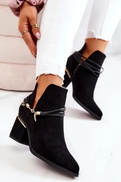 Zamszowe Botki Kowbojki Z Paskami Czarne Inessa Damskie Botki Wiosenne|Botki Na Słupku