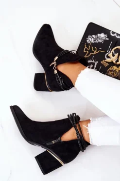 Zamszowe Botki Kowbojki Z Paskami Czarne Inessa Damskie Botki Wiosenne|Botki Na Słupku