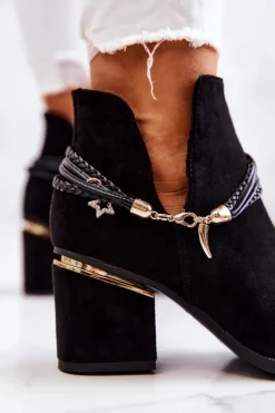 Zamszowe Botki Kowbojki Z Paskami Czarne Inessa Damskie Botki Wiosenne|Botki Na Słupku