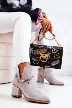 Hot Boto Zamszowe Botki Kowbojki Z Paskami Szare Inessa