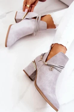 Hot Boto Zamszowe Botki Kowbojki Z Paskami Szare Inessa