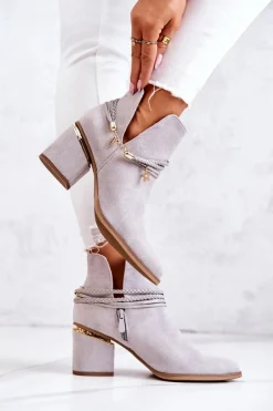 Hot Boto Zamszowe Botki Kowbojki Z Paskami Szare Inessa