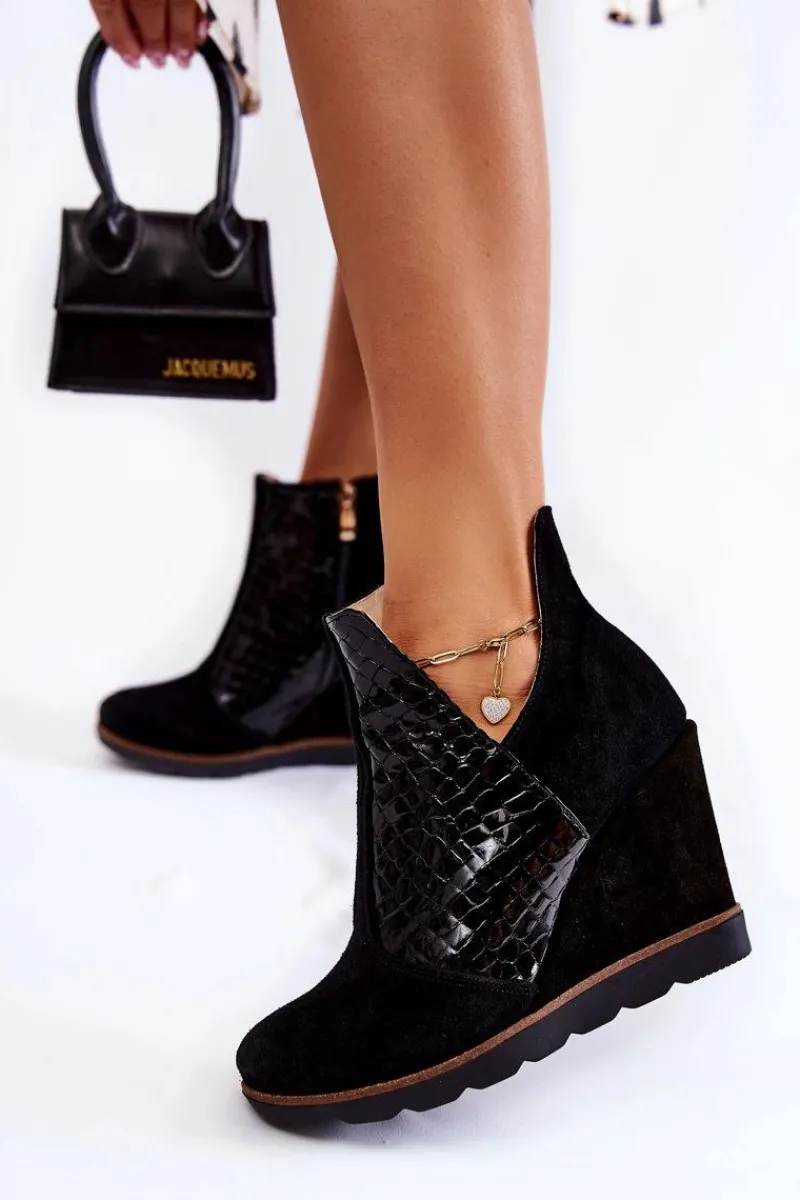 Online Zamszowe Botki Na Koturnie Krokodyli Wzór Czarne Alda Damskie Botki Wiosenne|Botki Na Koturnie
