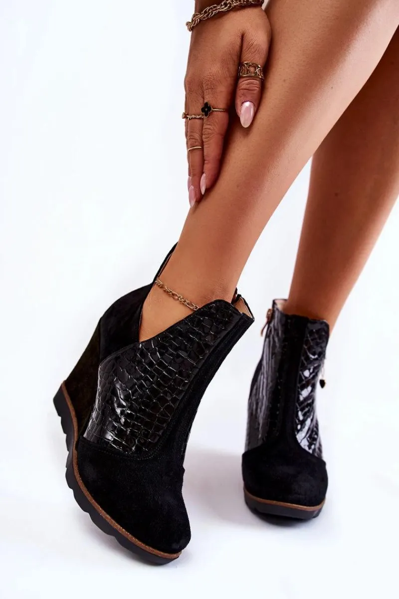 Online Zamszowe Botki Na Koturnie Krokodyli Wzór Czarne Alda Damskie Botki Wiosenne|Botki Na Koturnie