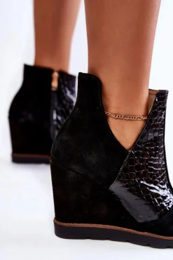 Online Zamszowe Botki Na Koturnie Krokodyli Wzór Czarne Alda Damskie Botki Wiosenne|Botki Na Koturnie