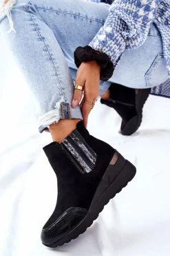 Discount Zamszowe Botki Na Koturnie Czarne Manakel Damskie Botki Na Koturnie|Czarne Botki