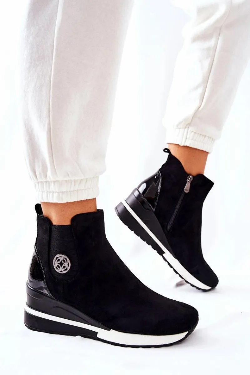 Hot Boto Zamszowe Botki Na Koturnie Czarne Lunelle