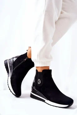 Hot Boto Zamszowe Botki Na Koturnie Czarne Lunelle