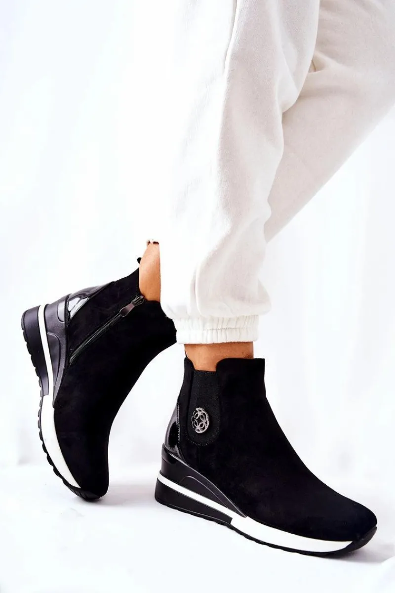 Hot Boto Zamszowe Botki Na Koturnie Czarne Lunelle