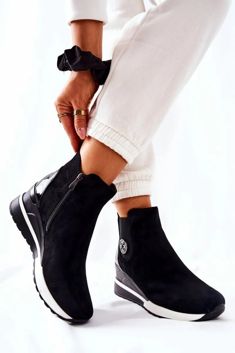 Hot Boto Zamszowe Botki Na Koturnie Czarne Lunelle